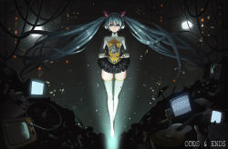 Rule 34 | 1girl, aqua eyes, aqua hair, bad id, bad pixiv id, copyright name, defiaz (infinity), fingerless gloves, floating hair, full body, gloves, gradient background, hatsune miku, headphones, highres, long hair, looking at viewer, odds &amp; ends (vocaloid), robot, skirt, smile, solo, thighhighs, twintails, very long hair, vocaloid
