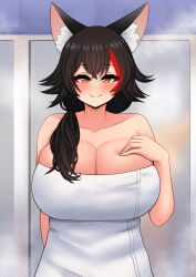 Rule 34 | 1girl, absurdres, animal ear fluff, animal ears, black hair, blush, breasts, cleavage, closed mouth, collarbone, hair between eyes, highres, hololive, hololive gamers, huge breasts, long hair, looking at viewer, multicolored hair, naked towel, ookami mio, red hair, solo, streaked hair, the only shoe, towel, virtual youtuber, wolf ears, wolf girl, yellow eyes
