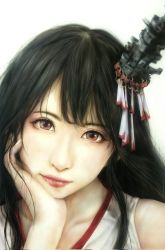 Rule 34 | 1girl, black hair, brown eyes, closed mouth, fusou (kancolle), hair ornament, head rest, headgear, highres, japanese clothes, kantai collection, lips, long hair, looking at viewer, mature female, nontraditional miko, photorealistic, portrait, realistic, simple background, sleeveless, solo, tororo ten, white background