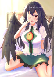 Rule 34 | 1girl, ;o, absurdres, arm behind back, barefoot, bird wings, black hair, black wings, bloom, blush, breasts, collared shirt, commentary request, frilled shirt collar, frills, green skirt, hair between eyes, hand to own mouth, highres, indoors, large breasts, long hair, looking at viewer, o1118, on bed, one eye closed, pillow, red eyes, reiuji utsuho, shirt, short sleeves, sitting, skirt, solo, tearing up, teeth, third eye, touhou, upper teeth only, very long hair, wall, wariza, white shirt, wing collar, wings, yawning