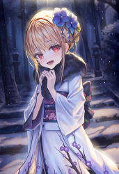 Rule 34 | 1girl, back bow, blonde hair, bow, cowboy shot, floral print kimono, flower, hair flower, hair ornament, highres, japanese clothes, kimono, looking at viewer, new year, open mouth, original, red eyes, sachi (160332), smile, snow, solo, stairs, tree