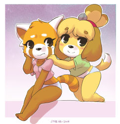 Rule 34 | 10s, 2girls, aggressive retsuko, animal crossing, animal ears, animal hands, arm up, artist name, barefoot, bell, blonde hair, blue panties, blush, blush stickers, border, breasts, brown eyes, collarbone, crossover, dated, dog, dog ears, dog tail, feet, female focus, full body, furry, furry female, gradient background, green eyes, green shirt, hair bell, hair ornament, hand on another&#039;s shoulder, hand on own face, hand up, highres, isabelle (animal crossing), kneeling, looking at viewer, multiple girls, nintendo, outline, panties, purple background, purple shirt, red panda, retsuko, shinsuke, shirt, short hair, short sleeves, signature, sitting, small breasts, smile, tail, underwear, white border