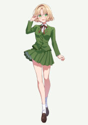 Rule 34 | 1girl, blazer, blonde hair, brown footwear, brown hairband, commentary request, full body, glasses, green eyes, green jacket, green skirt, hairband, highres, hououji fuu, jacket, loafers, looking at viewer, magic knight rayearth, masami (souzou jinsei sanka), pleated skirt, shoes, short hair, skirt, smile, socks, solo, white socks