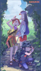 Rule 34 | 3girls, asakusa midori, backpack, bag, baseball cap, brown eyes, brown hair, bucket hat, butterfly net, camouflage, camouflage bag, camouflage headwear, copyright name, eizouken ni wa te wo dasu na!, eyewear on headwear, forest, freckles, hand net, hat, highres, kanamori sayaka, loupe, matahei, mizusaki tsubame, multiple girls, nature, short hair, sweat, watch, wristwatch