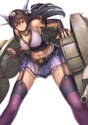 Rule 34 | 10s, 1girl, bare shoulders, black hair, breasts, elbow gloves, fingerless gloves, gloves, hairband, headgear, highres, kantai collection, koruse, large breasts, long hair, midriff, miniskirt, nagato (kancolle), personification, red eyes, skirt, solo, thighhighs, toned, zettai ryouiki