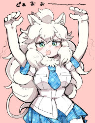 Rule 34 | 1girl, absurdres, animal ears, arms up, blue necktie, blue skirt, breast pocket, breasts, elbow gloves, fang, gloves, green eyes, highres, kanmoku-san, kemono friends, large breasts, lion ears, lion girl, lion tail, long hair, necktie, pantyhose, pleated skirt, pocket, skirt, solo, tail, translation request, white gloves, white hair, white lion (kemono friends), white pantyhose