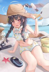 Rule 34 | 1girl, absurdres, alternate costume, alternate hairstyle, bird, black hair, blue archive, blush, breasts, bucket, fishing rod, hair ornament, halo, hat, highres, looking at viewer, milkcandyer, miyu (blue archive), navel, ocean, open mouth, red eyes, seagull, sitting, sky, slippers, small breasts, solo, straw hat, sweat, swimsuit