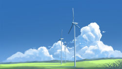Rule 34 | 3d, blender (medium), blue sky, cloud, commentary, day, field, grass, highres, landscape, making-of available, mclelun, no humans, original, outdoors, rural, scenery, sky, third-party edit, wind turbine, windmill