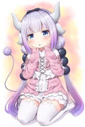 Rule 34 | 10s, 1girl, :o, beads, black bow, black hairband, blue eyes, blunt bangs, blush, bow, capelet, dragon girl, dragon horns, dragon tail, dress, full body, gradient hair, hair beads, hair bow, hair ornament, hairband, hands on own cheeks, hands on own face, highres, horns, kanna kamui, kobayashi-san chi no maidragon, long hair, long sleeves, looking at viewer, multicolored hair, no shoes, open mouth, silver hair, simple background, sitting, solo, superpig, superpig (wlstjqdla), tail, thighhighs, twintails, wariza, white thighhighs, zettai ryouiki