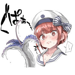 Rule 34 | 1girl, blush, brown eyes, brown hair, closed mouth, commentary request, ebifurya, hair between eyes, hat, highres, kantai collection, looking at viewer, peaked cap, sailor hat, short hair, simple background, solo, suggestive fluid, surprised, sweatdrop, white background, white hat, z3 max schultz (kancolle)