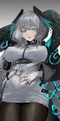 Rule 34 | 1girl, absurdres, arknights, belt, between breasts, black feathers, black pantyhose, black wings, blue eyes, blue feathers, blue tail, blue wings, breasts, dress, fangs, feathered wings, feathers, fingerless gloves, fingernails, fish (red star child), gloves, grey background, grey hair, hair between eyes, head wings, highres, ho&#039;olheyak (arknights), infection monitor (arknights), large breasts, long sleeves, long tail, looking at viewer, pantyhose, pencil dress, simple background, smile, snake tail, solo, strap between breasts, tail, tongue, white belt, white dress, white gloves, wings