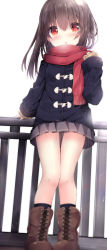 Rule 34 | 1girl, :o, blue jacket, blue socks, blush, boots, brown footwear, brown hair, commentary request, cross-laced footwear, fringe trim, grey skirt, hair between eyes, hand up, highres, jacket, kouda suzu, lace-up boots, long hair, long sleeves, original, parted lips, pleated skirt, railing, red eyes, red scarf, scarf, skirt, sleeves past wrists, socks, solo, standing, white background