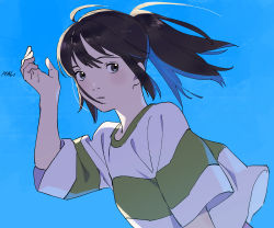 Rule 34 | 1girl, arm at side, artist name, backlighting, black eyes, blue background, blue sky, brown hair, clothes lift, expressionless, facing viewer, flat chest, floating hair, green shirt, hair between eyes, hand up, high ponytail, highres, honoboooono, leaning forward, looking afar, looking to the side, ogino chihiro, outdoors, parted lips, ponytail, sen to chihiro no kamikakushi, shirt, shirt lift, sidelocks, simple background, sky, solo, striped clothes, striped shirt, two-tone shirt, upper body, white shirt, wide sleeves, wind, wind lift