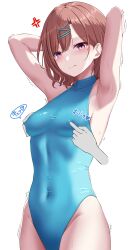 Rule 34 | 1girl, anger vein, armpits, blue one-piece swimsuit, breasts, brown hair, commentary request, commission, covered navel, cowboy shot, disembodied hand, hibika, highres, higuchi madoka, idolmaster, idolmaster shiny colors, mole, mole under eye, nipple stimulation, nipple tweak, nipple tweak through clothes, one-piece swimsuit, purple eyes, short hair, simple background, skeb commission, small breasts, solo, sweater, swept bangs, swimsuit, trembling, turtleneck, white background