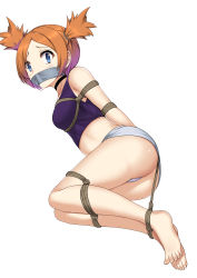 Rule 34 | 1girl, absurdres, ass, bad id, bad pixiv id, bare arms, bare shoulders, bdsm, black choker, blue eyes, blue shirt, blush, breasts, brown hair, choker, clothes lift, commentary, commission, creatures (company), english commentary, gagged, game-over, game freak, hair ornament, highres, looking at viewer, medium breasts, nintendo, panties, parted bangs, pokemon, restrained, rui (pokemon), second-party source, shirt, simple background, solo, twintails, underwear, white background, white panties