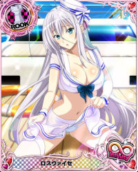 Rule 34 | 1girl, antenna hair, blue eyes, breasts, card (medium), clothes lift, hat, high school dxd, large breasts, long hair, looking at viewer, midriff, miniskirt, official art, panties, rossweisse, sailor hat, silver hair, sitting, skirt, skirt lift, solo, thighhighs, trading card, underwear, white skirt, white thighhighs