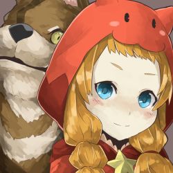 Rule 34 | 1girl, animal, blue eyes, blush, brown background, hood, little red riding hood (p&amp;d), long hair, mosamune, orange hair, puzzle &amp; dragons, simple background, smile, solo, star (symbol), twintails, upper body, wolf