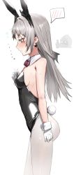 Rule 34 | 1girl, 1other, animal ears, arknights, black leotard, bow, bowtie, breasts, detached collar, doctor (arknights), earrings, embarrassed, fake animal ears, fake tail, from side, grey eyes, grey hair, highres, hood, horn/wood, irene (arknights), jewelry, leotard, pantyhose, playboy bunny, rabbit ears, rabbit tail, scar, scar across eye, scar on face, small breasts, standing, strapless, strapless leotard, tail, thumbs up, white pantyhose, wrist cuffs