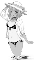 1girl :3 bikini blush breasts commentary_request front-tie_bikini_top front-tie_top greyscale hand_on_headwear hat hat_ribbon hood hood_down hooded_jacket idolmaster idolmaster_cinderella_girls jacket koshimizu_sachiko monochrome navel one-piece_tan one_eye_closed open_clothes open_jacket ribbon sakaki_imasato short_hair side-tie_bikini_bottom simple_background small_breasts solo stomach swimsuit tan tanline tongue tongue_out wading water white_background