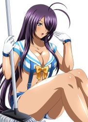 Rule 34 | 00s, 1girl, breasts, cleavage, collarbone, gloves, grey eyes, hair over one eye, ikkitousen, kan&#039;u unchou, large breasts, long hair, open mouth, purple hair, shorts, simple background, sitting, solo, white background, white gloves