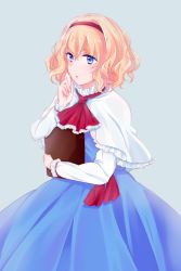 Rule 34 | 1girl, alice margatroid, blonde hair, blue dress, blue eyes, book, hugging book, capelet, dress, frills, hairband, highres, holding, holding book, hugging object, shiguri, simple background, solo, touhou, wavy hair