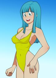 Rule 34 | 1girl, absurdres, artist request, bare shoulders, blue eyes, blue hair, breasts, curvy, dragon ball, dragonball z, female focus, happy, highres, large breasts, long hair, looking at viewer, maron (dragon ball), one-piece swimsuit, shiny skin, smile, standing, swimsuit, upper body