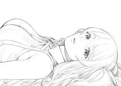 Rule 34 | 1girl, assault lily, bare shoulders, breasts, buttons, collared shirt, female focus, from side, greyscale, hair between eyes, hair ribbon, hair spread out, highres, kuo shenlin, large breasts, long hair, looking at viewer, looking to the side, lying, monochrome, neck ribbon, on back, one side up, parted lips, ribbon, school uniform, shirt, simple background, sleeveless, sleeveless shirt, solo, suspenders, tori udon, upper body, white background, yurigaoka girls academy school uniform