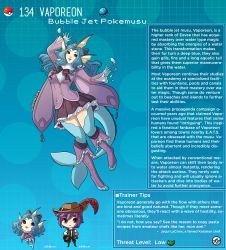 Rule 34 | 1boy, 1girl, animal feet, animal hands, artist name, blue background, blue hair, boots, breasts, character name, character profile, commentary, creatures (company), english commentary, english text, fins, game freak, gen 1 pokemon, hair intakes, hat feather, head fins, heart, heart-shaped pupils, highres, jacket, kinkymation, knee boots, long hair, medium breasts, meme, nintendo, open mouth, personification, poke ball, poke ball (basic), pokemon, pokemon tail, purple eyes, purple hair, purple jacket, purple skirt, shirt, skirt, symbol-shaped pupils, tail, thighhighs, toeless footwear, vaporeon, vaporeon copypasta (meme), white shirt, zettai ryouiki