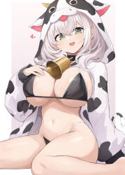 Rule 34 | 1girl, bell, bikini, black bikini, breasts, commentary request, cowbell, green eyes, grey hair, heart, hololive, large breasts, looking at viewer, medium hair, mou tama maru, navel, open mouth, shirogane noel, solo, stomach, swimsuit, underboob, virtual youtuber
