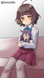 Rule 34 | 1girl, ahoge, akebono (kancolle), blunt bangs, brown hair, character doll, couch, dress, feet out of frame, grey pantyhose, highres, kantai collection, kishinami (kancolle), long sleeves, looking at viewer, one-hour drawing challenge, pantyhose, pleated dress, purple dress, school uniform, seamed legwear, shirt, short hair, side-seamed legwear, smile, solo, wavy hair, white shirt, yellow eyes, yuki to hana