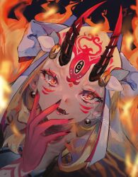 Rule 34 | 1girl, black nails, blonde hair, bow, close-up, earrings, eyeliner, facial mark, fangs, fate/grand order, fate (series), fingernails, fire, forehead mark, hair bow, head tilt, horns, ibaraki douji (fate), jewelry, long hair, looking at viewer, makeup, oni, oni horns, open mouth, sharp fingernails, shuu (amane v), slit pupils, smile, solo, yellow eyes