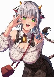 Rule 34 | 1girl, animal ears, animal print, arm behind back, bag, bare shoulders, bell, black skirt, blue bow, bow, braid, breasts, chameleon (chameleon0613), commentary, cow ears, cow horns, cow print, cow tail, green eyes, grey hair, hair bow, hand up, highres, hololive, horns, large breasts, looking at viewer, medium hair, neck bell, off-shoulder sweater, off shoulder, official alternate costume, shirogane noel, shirogane noel (casual), shoulder bag, simple background, skirt, smile, solo, sweater, tail, tail bow, tail ornament, teeth, upper teeth only, virtual youtuber, white background, white sweater