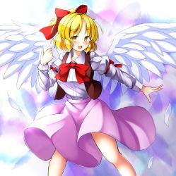 Rule 34 | 1girl, :d, aka tawashi, blonde hair, blush, bow, bowtie, breasts, commentary request, feathered wings, feathers, gengetsu (touhou), hair bow, highres, juliet sleeves, long sleeves, looking at viewer, medium breasts, open mouth, pink skirt, puffy sleeves, red bow, red bowtie, short hair, skirt, smile, solo, touhou, touhou (pc-98), white wings, wings, yellow eyes