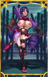 Rule 34 | 1girl, bow, bow (weapon), breasts, breasts out, clothes, fate/grand order, fate (series), female focus, highres, holding, holding bow (weapon), holding weapon, huge breasts, long hair, maplemoon, minamoto no raikou (fate), ponytail, purple eyes, purple hair, solo, very long hair, weapon