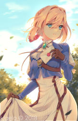 Rule 34 | 10s, 1girl, blonde hair, blue eyes, blue jacket, blurry, braid, breasts, brooch, cloud, day, depth of field, dress, envelope, gloves, hair between eyes, hair intakes, hair ribbon, holding, holding clothes, holding letter, holding skirt, jacket, jewelry, klaeia, leaf, letter, long hair, long sleeves, red ribbon, ribbon, skirt, sky, solo, tree, violet evergarden, violet evergarden (series)