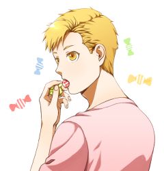 Rule 34 | 1boy, alphonse elric, blonde hair, candy, candy wrapper, close-up, colored eyelashes, colorful, expressionless, eyelashes, facing away, fingernails, food, food in mouth, from behind, fullmetal alchemist, hand up, looking afar, looking back, male focus, mouth hold, nape, open mouth, pai (1111), shirt, simple background, striped, striped background, sweets, tareme, teeth, teeth hold, upper body, upper teeth only, white background, white shirt, yellow eyes