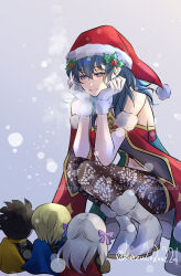 1girl bare_shoulders black_hair blue_eyes byleth_(female)_(fire_emblem) byleth_(female)_(frosty_professor)_(fire_emblem) byleth_(fire_emblem) character_doll claude_von_riegan dimitri_alexandre_blaiddyd edelgard_von_hresvelg gloves hat head_on_hands high_heels highres kazu20200224 medium_hair mistletoe_hair_ornament official_alternate_costume pantyhose santa_hat smile squatting white_footwear white_gloves