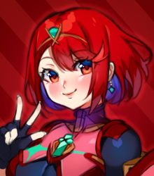 Rule 34 | 1girl, black gloves, breasts, chest jewel, earrings, fingerless gloves, gem, gloves, headpiece, jewelry, large breasts, pyra (xenoblade), red eyes, red hair, short hair, solo, swept bangs, tiara, xenoblade chronicles (series), xenoblade chronicles 2, yagi (kyuhyun)