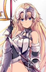Rule 34 | 1girl, armor, bad id, bad pixiv id, black gloves, blonde hair, blue eyes, closed mouth, dduck kong, fate/apocrypha, fate (series), flag, gloves, gradient background, grey background, headpiece, jeanne d&#039;arc (fate), jeanne d&#039;arc (ruler) (fate), jeanne d&#039;arc (third ascension) (fate), long hair, looking at viewer, signature, sitting, smile, solo