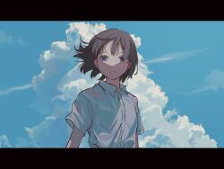 Rule 34 | 1girl, blue sky, brown eyes, brown hair, character request, check character, closed mouth, cloud, collared shirt, commentary request, cumulonimbus cloud, dress shirt, expressionless, floating hair, hide tani, highres, kurai heya, letterboxed, looking at viewer, oshigawa keiko, outdoors, shirt, short hair, short sleeves, sky, solo, upper body, white shirt