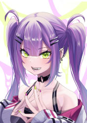 Rule 34 | 1girl, bare shoulders, black choker, bob-the-bison, choker, collarbone, demon girl, ear piercing, fang, fingers together, green eyes, hair ornament, hairclip, hands up, highres, hololive, long hair, looking at viewer, o-ring, o-ring choker, parted lips, piercing, pointy ears, purple hair, sidelocks, smile, solo, teeth, tokoyami towa, twintails, virtual youtuber