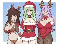 Rule 34 | 3girls, antlers, bell, belt, black eyes, black hair, bow, bowtie, breasts, camilla (fire emblem), cianuro, cleavage, covered navel, curvy, deer tail, detached collar, dress, elbow gloves, fake antlers, fake tail, female focus, fire emblem, fire emblem: three houses, fire emblem awakening, fire emblem fates, fishnet pantyhose, fishnets, fur-trimmed dress, fur-trimmed gloves, fur trim, gloves, green eyes, green hair, hair over one eye, hairband, hat, highres, horns, in-franchise crossover, jingle bell, large breasts, leotard, long hair, looking at viewer, matching hair/eyes, multiple girls, navel, neck bell, nintendo, pantyhose, purple eyes, purple hair, red bow, red bowtie, red gloves, red leotard, rhea (fire emblem), santa hat, standing, strapless, strapless leotard, tail, tharja (fire emblem)