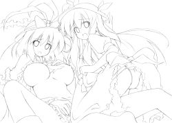 Rule 34 | 2girls, absurdres, breasts, breasts apart, female focus, greyscale, hat, highres, hinanawi tenshi, kibushi, large breasts, lineart, long hair, looking at viewer, monochrome, multiple girls, nagae iku, open mouth, panties, torn clothes, touhou, underwear