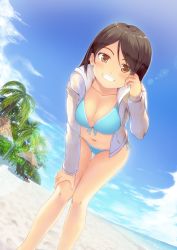 Rule 34 | 1girl, beach, bikini, blue bikini, blue sky, blush, breasts, brown eyes, brown hair, chair, cloud, collarbone, day, dripping, dutch angle, front-tie bikini top, front-tie top, grin, hand on own knee, hand up, highres, hood, hoodie, horizon, knees together feet apart, leaning forward, lens flare, looking at viewer, lounge chair, medium breasts, navel, ocean, open clothes, open hoodie, original, orishin, outdoors, palm tree, parted bangs, sand, see-through, side-tie bikini bottom, sky, smile, solo, standing, sunlight, swimsuit, thigh gap, tree, wet, wet clothes