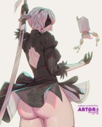 Rule 34 | 1girl, artist name, arttoru, ass, back cutout, black blindfold, blindfold, clothing cutout, elbow gloves, gloves, hairband, highres, huge ass, juliet sleeves, leotard, lips, long sleeves, nier (series), nier:automata, pod (nier:automata), puffy sleeves, skirt, solo, sword, thick thighs, thighs, weapon, 2b (nier:automata)