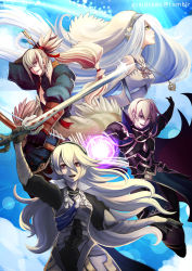 Rule 34 | 2boys, 2girls, arm behind head, arm up, armor, arrow (projectile), artist name, azura (fire emblem), blonde hair, blue hair, book, bow (weapon), cape, cloud, corrin (female) (fire emblem), corrin (fire emblem), detached sleeves, dress, elbow gloves, energy ball, fire emblem, fire emblem fates, gauntlets, glint, gloves, grey hair, gzei, hair ornament, hairband, highres, jewelry, leo (fire emblem), long hair, multiple boys, multiple girls, necklace, nintendo, open book, open mouth, outstretched arm, pauldrons, pendant, ponytail, quiver, red eyes, shoulder armor, sword, takumi (fire emblem), very long hair, weapon, white gloves, yellow eyes, yumi (bow)