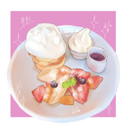 Rule 34 | absurdres, berry, food, food focus, fruit, highres, ice cream, icing, no humans, original, pastry, plate, sparkle, still life, strawberry, strawberry slice, takisou sou