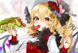 Rule 34 | 1girl, alternate costume, blonde hair, blush, bonnet, breasts, crystal, dress, eating, flandre scarlet, flower, food, frills, gold trim, gotou (nekocat), grey background, hair between eyes, hair flower, hair ornament, hands up, heart, long sleeves, looking at viewer, medium hair, mouth hold, nail polish, one side up, orange eyes, pointy ears, red dress, red nails, sandwich, simple background, slit pupils, small breasts, solo, tomato, touhou, upper body, wings