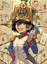 Rule 34 | 1girl, absurdres, aiguillette, ammunition, arrow (symbol), black hat, blue coat, blue eyes, breasts, brown hair, bullet, buttons, coat, cockade, commentary request, double-breasted, english text, epaulettes, fang, france, french army, french clothes, gold trim, gunpowder, hair between eyes, hand on own hip, hat, highres, holding, how to, line infantry, long sleeves, looking at viewer, medium breasts, military, military hat, military uniform, numbered, one eye closed, open mouth, original, pants, pocket, red trim, shako cap, short hair, sidelocks, skin fang, smile, soldier, solo, standing, uniform, upper body, zeinikunosekai