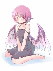 Rule 34 | 1girl, animal ears, barefoot, bird ears, bird wings, black camisole, blush, camisole, closed mouth, collarbone, full body, hair between eyes, mystia lorelei, pink hair, pink wings, rangycrow, short hair, simple background, sitting, solo, touhou, wariza, white background, wings, yellow eyes